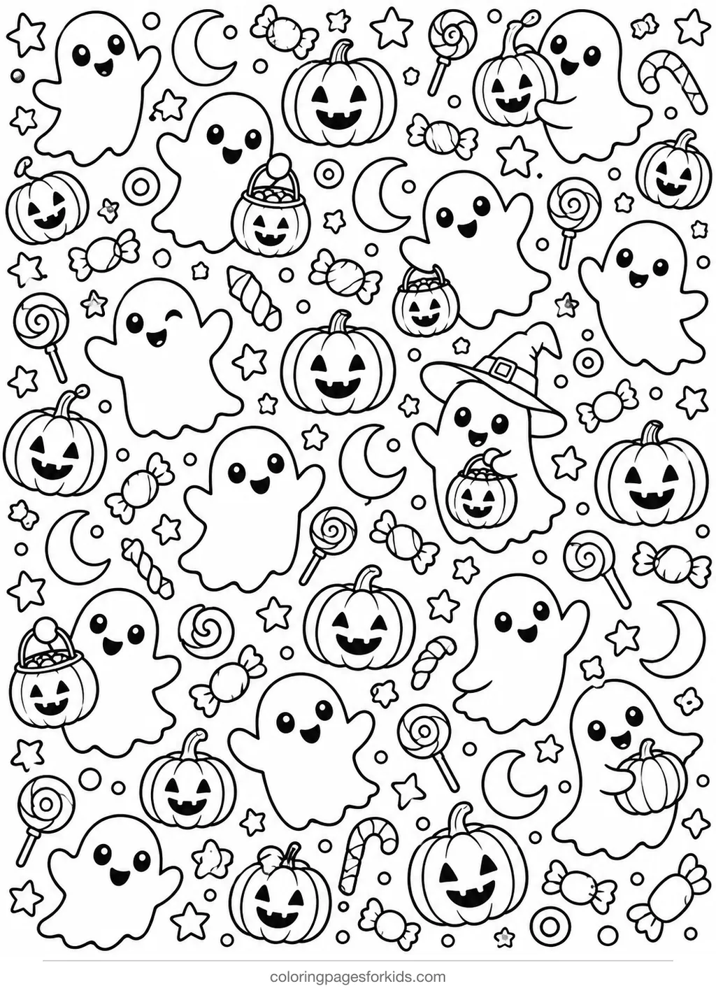 Ghost coloring page pattern with tiny ghosts stars moons and candies, detailed printable for ages 7-10