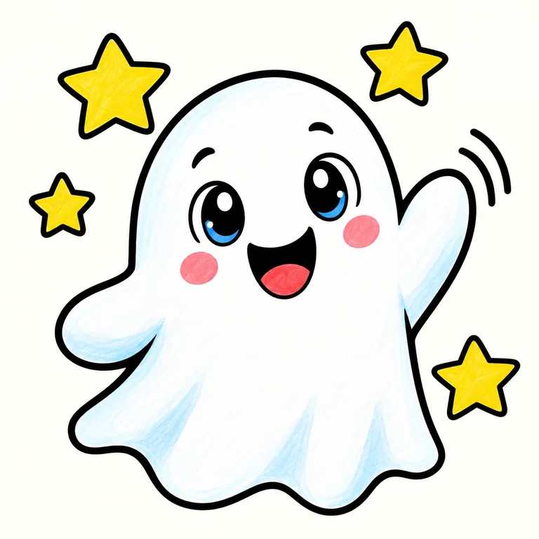 Colored example of a cute waving ghost with stars for kids