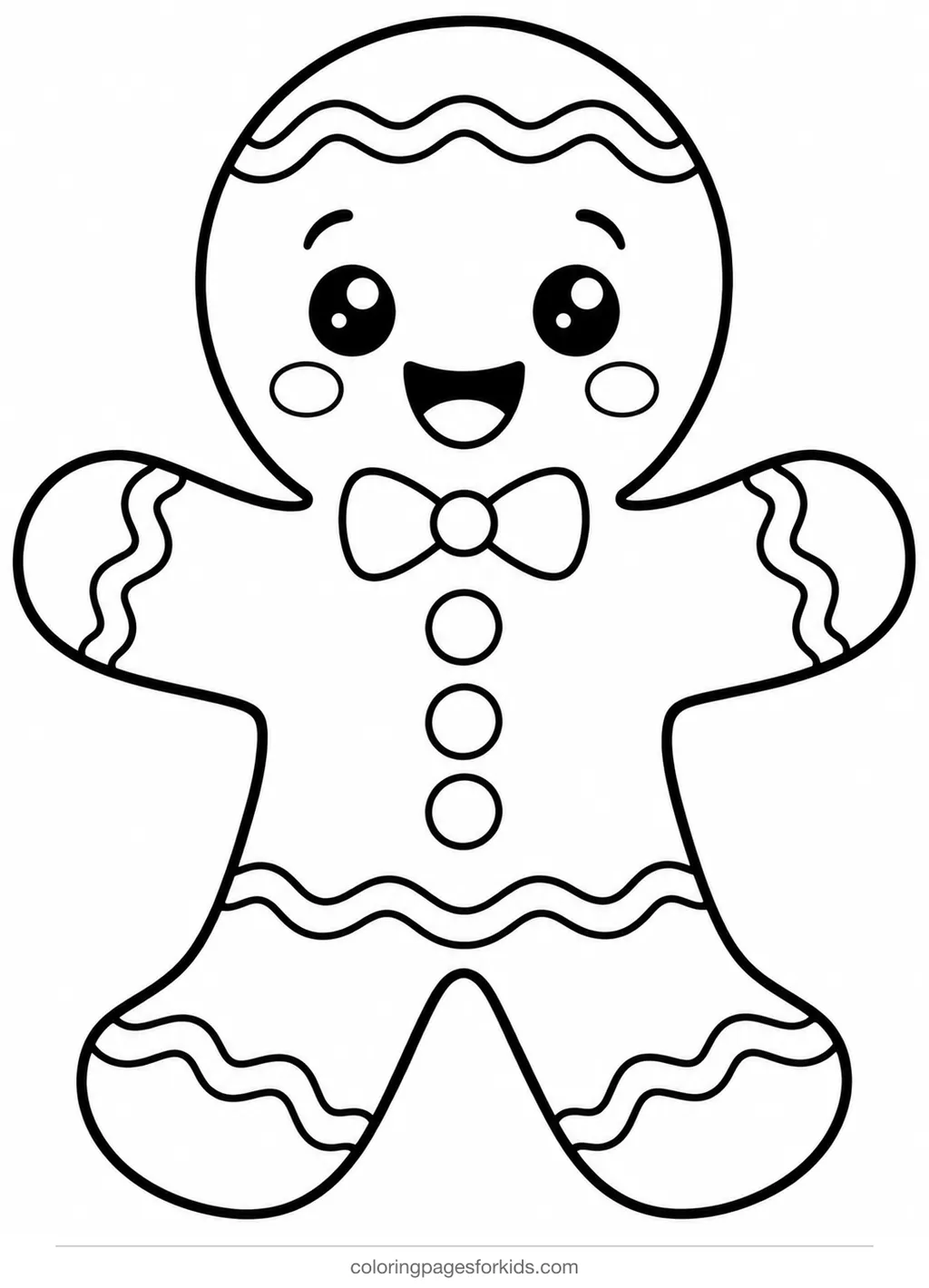 Gingerbread man coloring page of a simple cookie template, easy black-and-white printable for ages 3-5