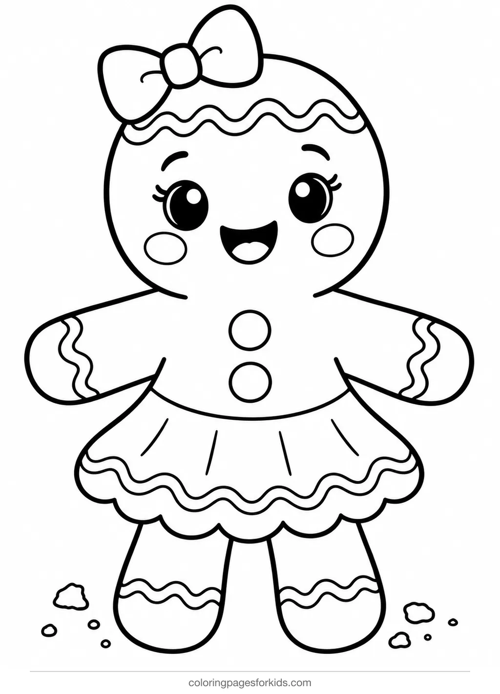 Gingerbread man coloring page of a gingerbread girl with bow, easy black-and-white printable for ages 3-5