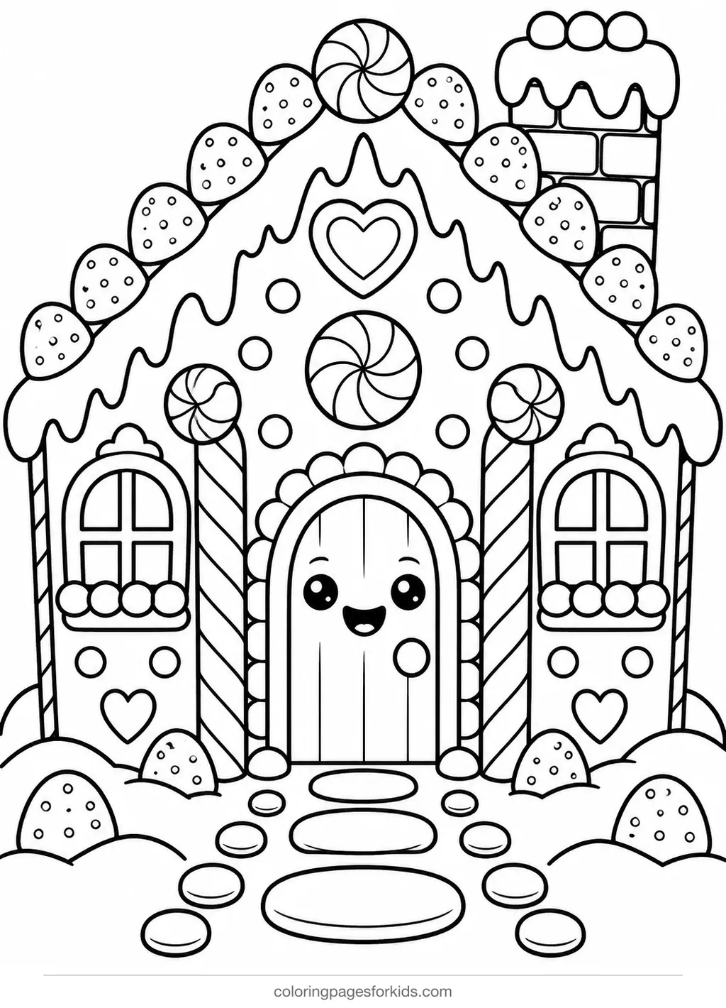 Gingerbread house coloring page with candy roof and posts, medium black-and-white printable for ages 5-7