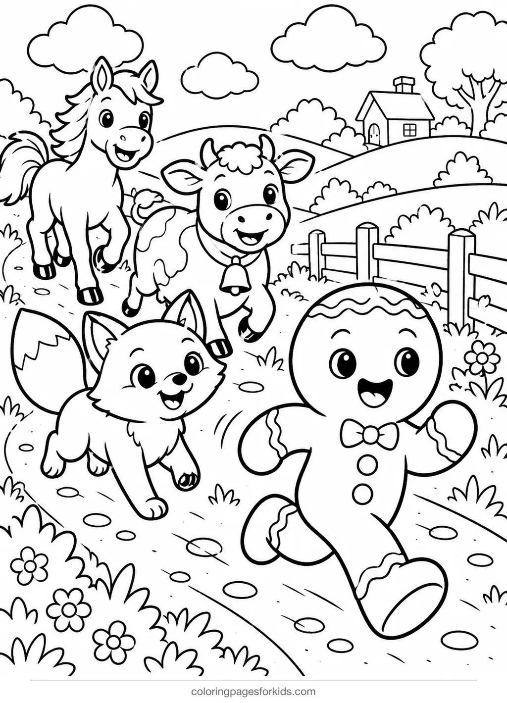 Gingerbread man coloring page of a friendly chase scene, medium black-and-white printable for ages 5-7