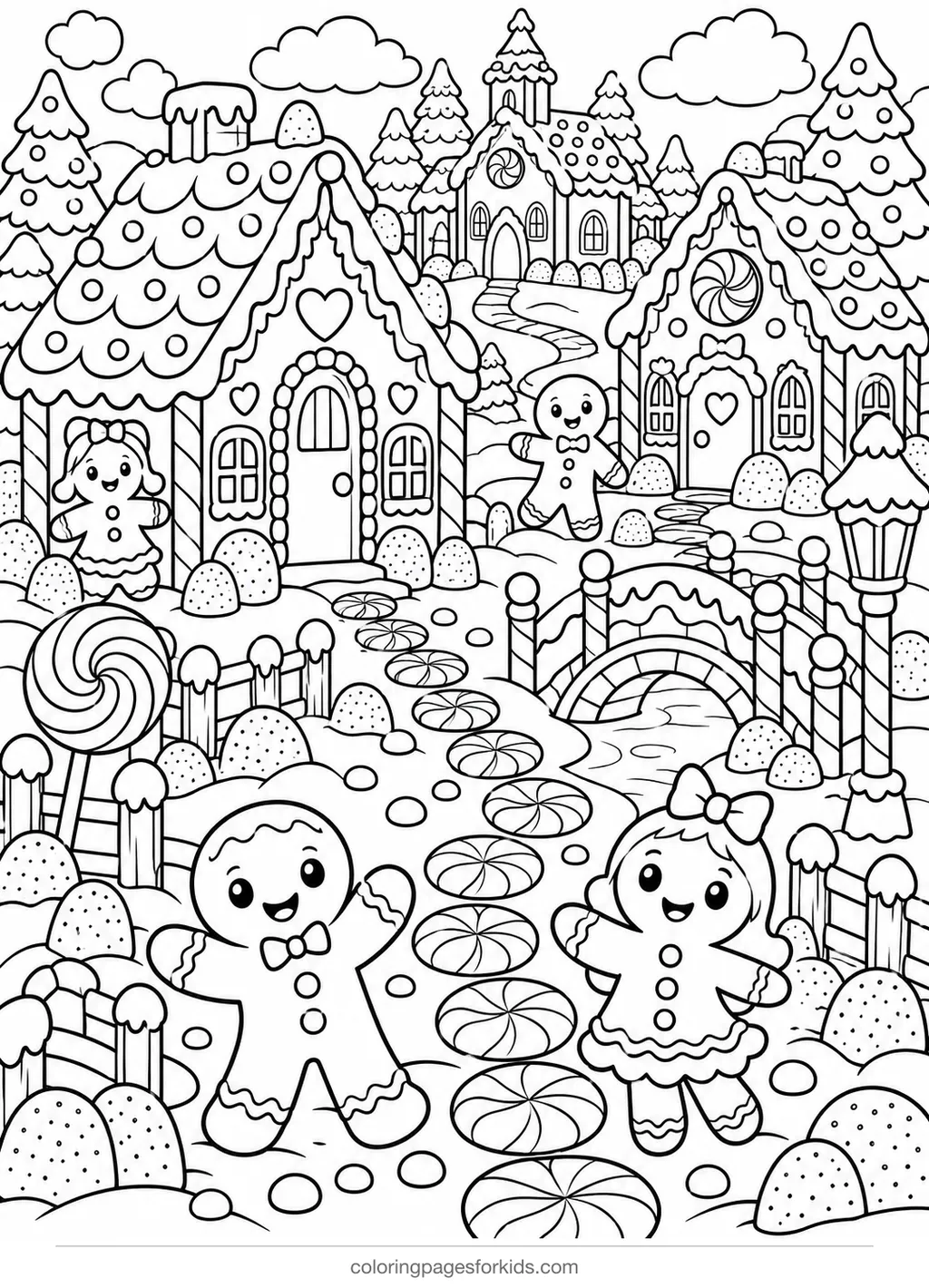 Gingerbread man coloring page of a cookie village, detailed black-and-white printable for ages 7-10