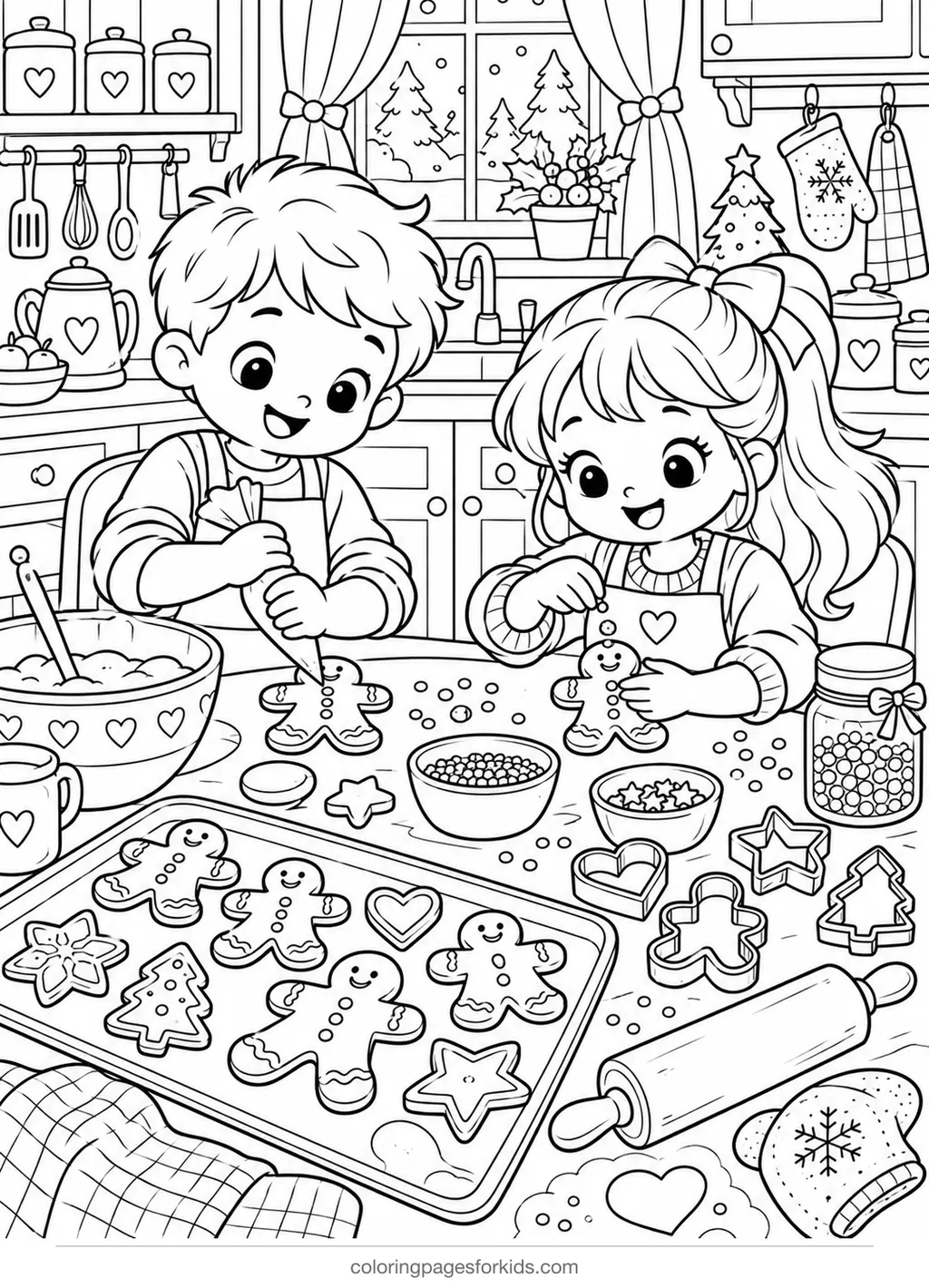 Gingerbread man coloring page of cookie baking day, detailed black-and-white printable for ages 7-10