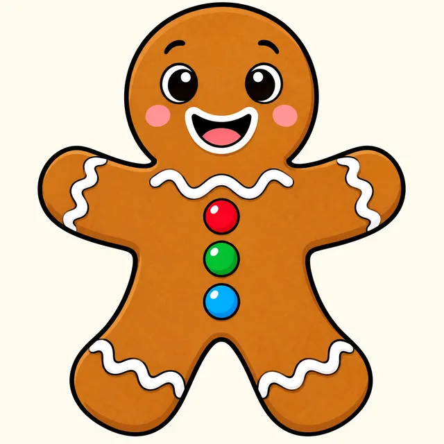 Colored example of a cute gingerbread man template with icing lines and buttons