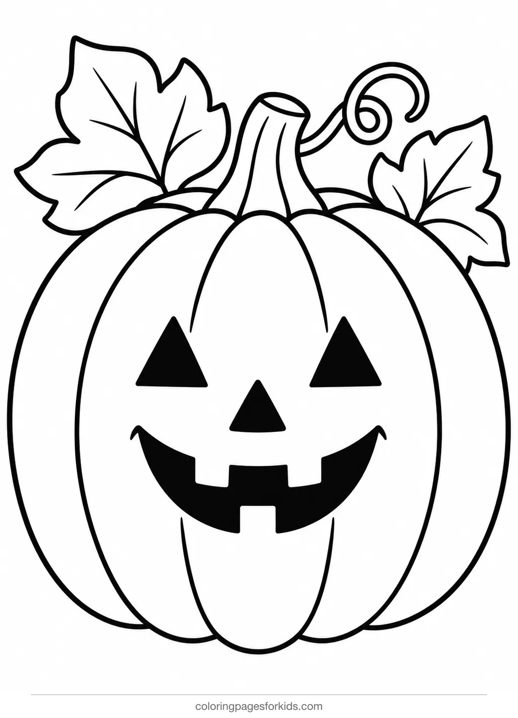 Halloween coloring page of a smiling jack-o'-lantern, easy black-and-white printable for ages 3-5