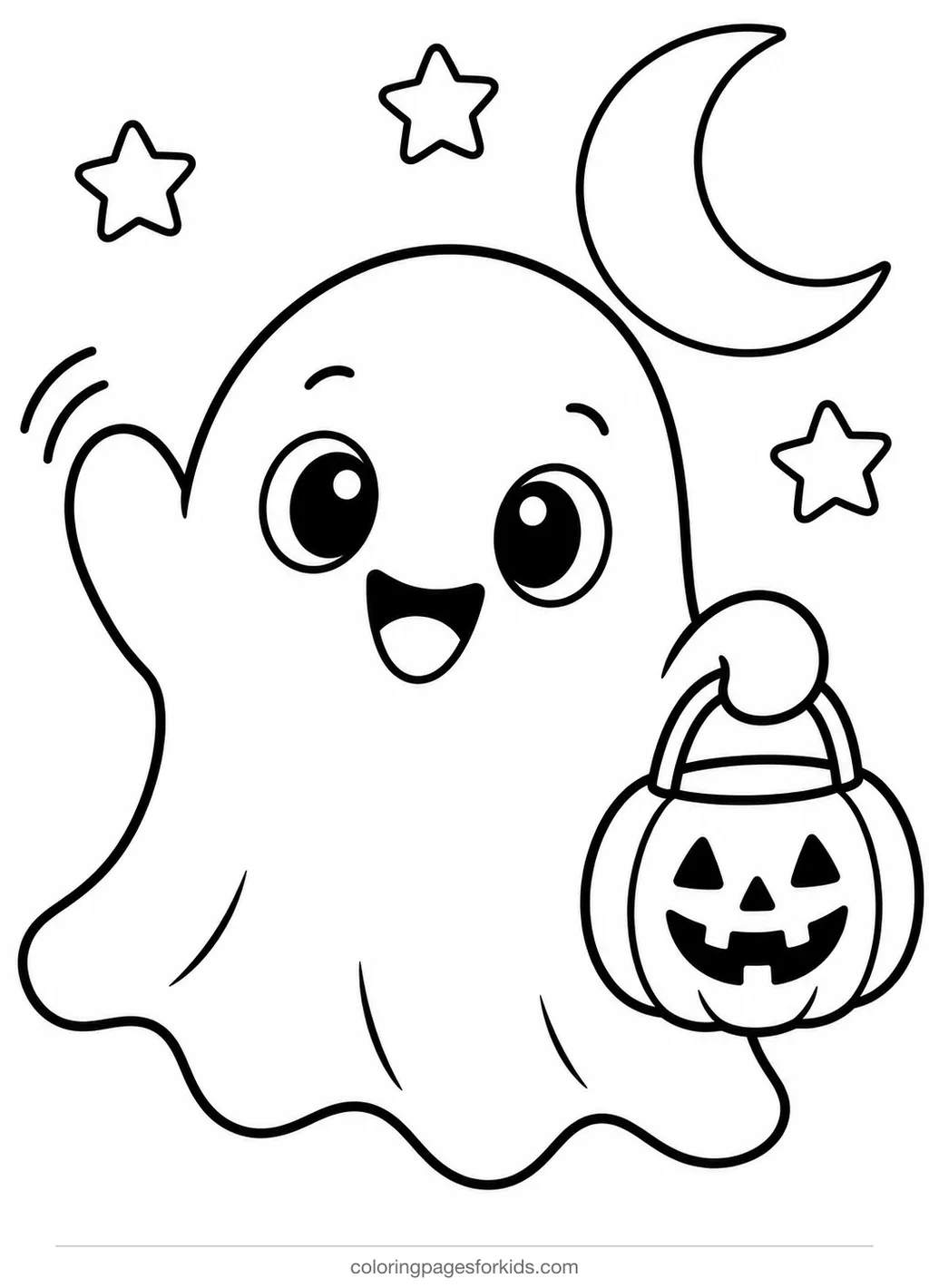 Halloween coloring page of a friendly ghost with candy bucket, easy printable for ages 3-5