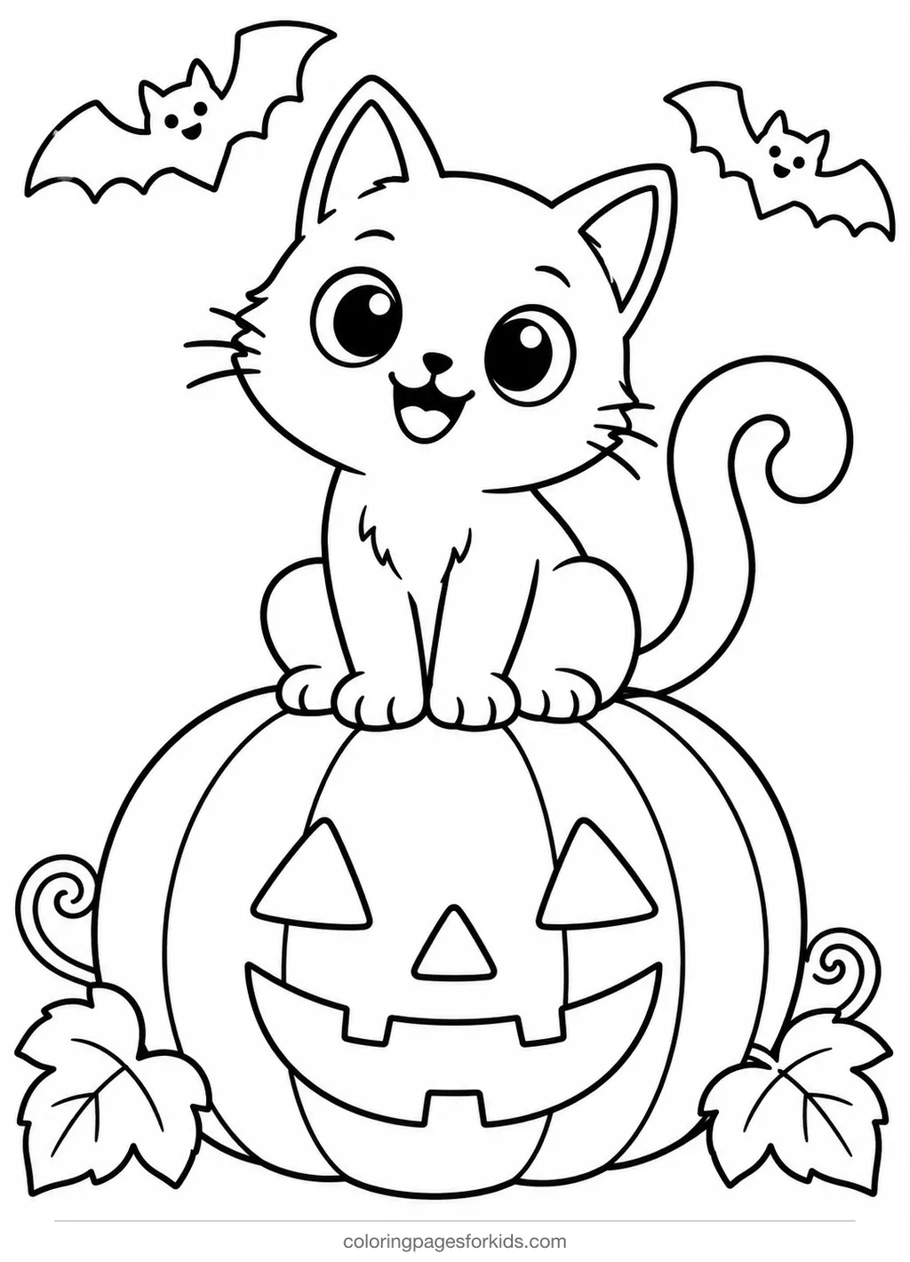 Halloween coloring page of a cat sitting on a pumpkin, easy black-and-white printable for ages 3-5