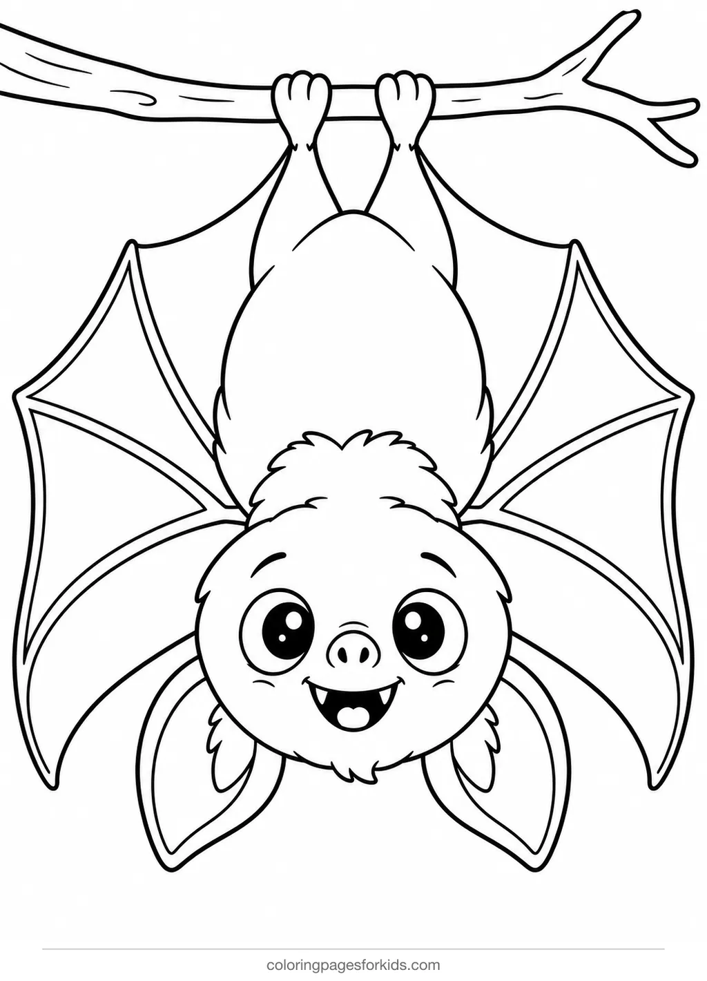 Halloween coloring page of a smiling bat on a branch, easy black-and-white printable for ages 3-5