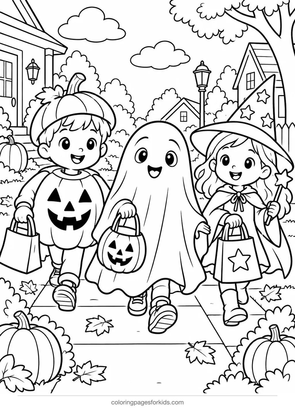 Halloween coloring page of trick-or-treat kids in costumes, medium printable for ages 5-7