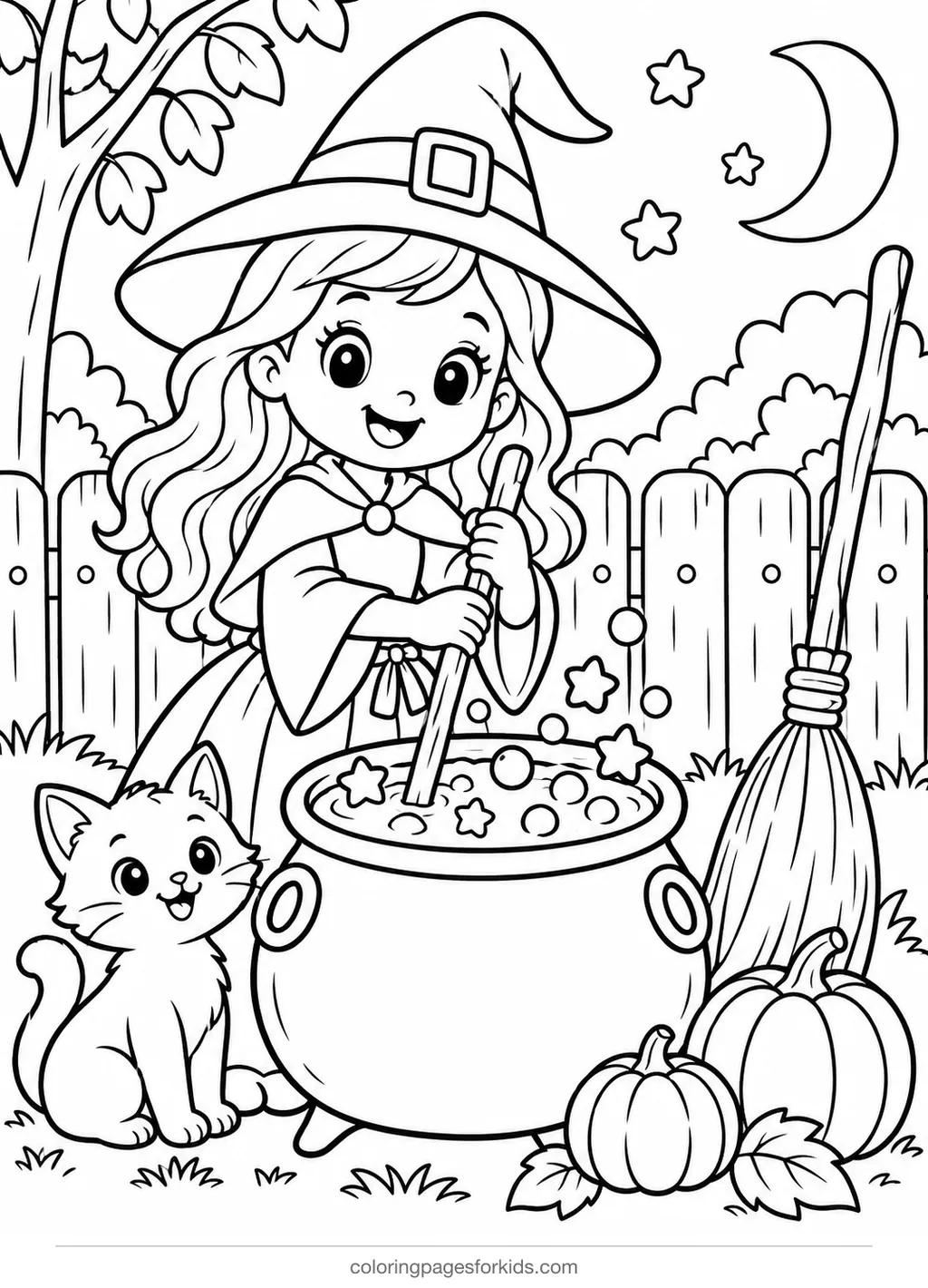 Halloween coloring page of a friendly witch stirring a cauldron, medium printable for ages 5-7