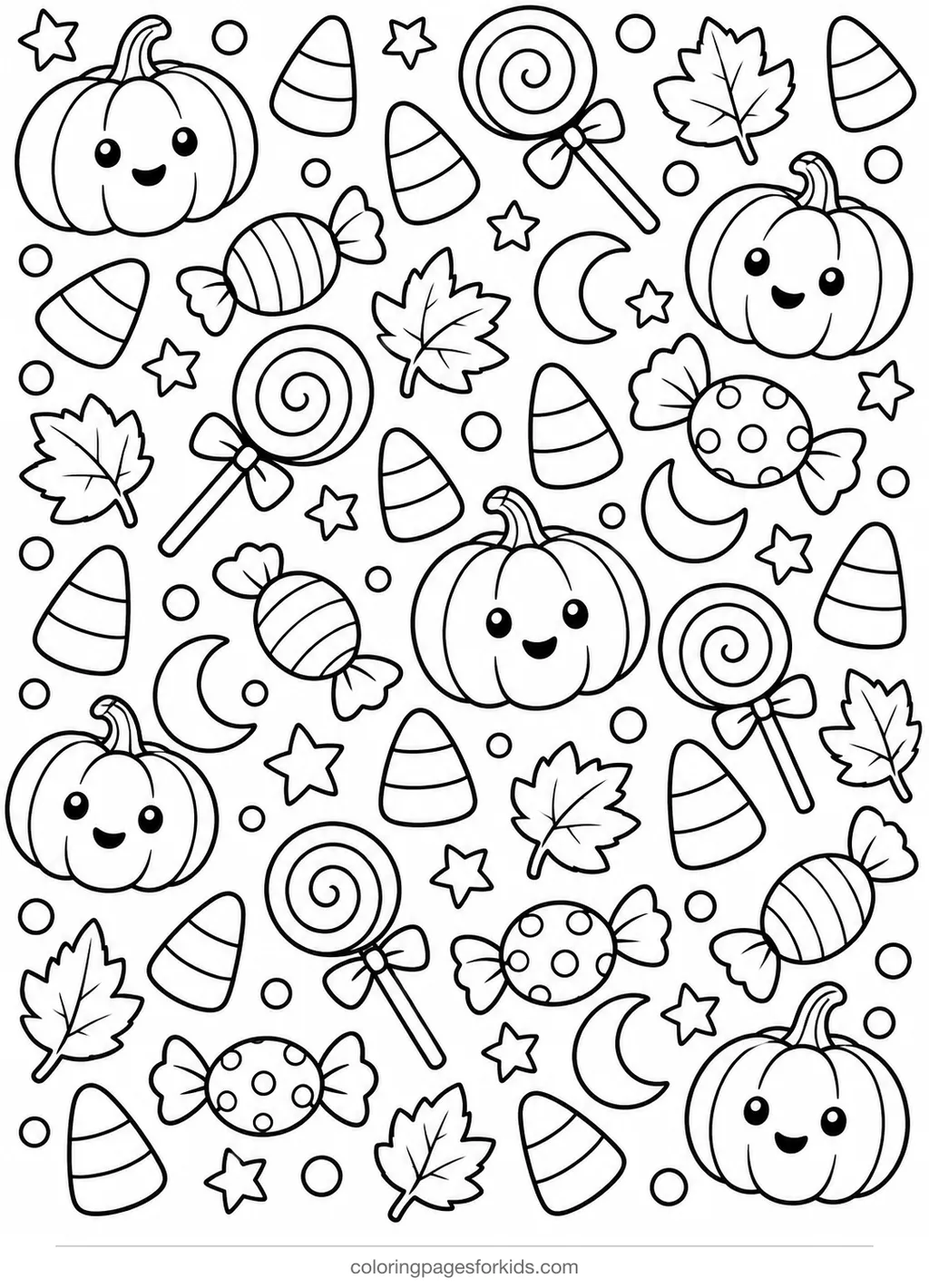 Halloween coloring page of treats and pumpkins pattern, medium printable for ages 5-7