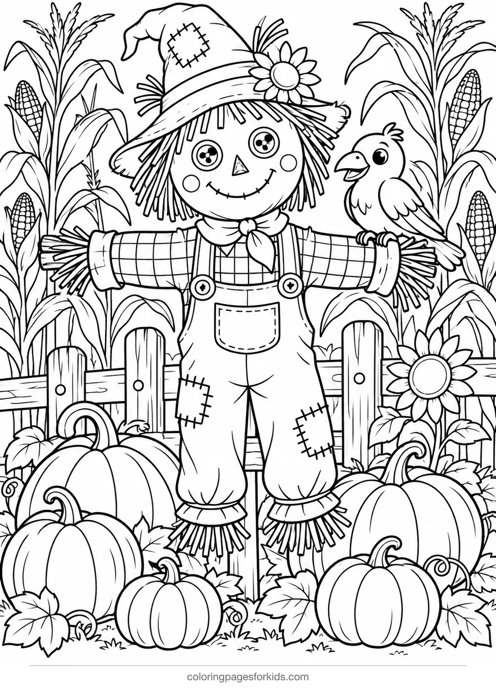 Halloween coloring page of a scarecrow in a pumpkin patch, medium printable for ages 5-7