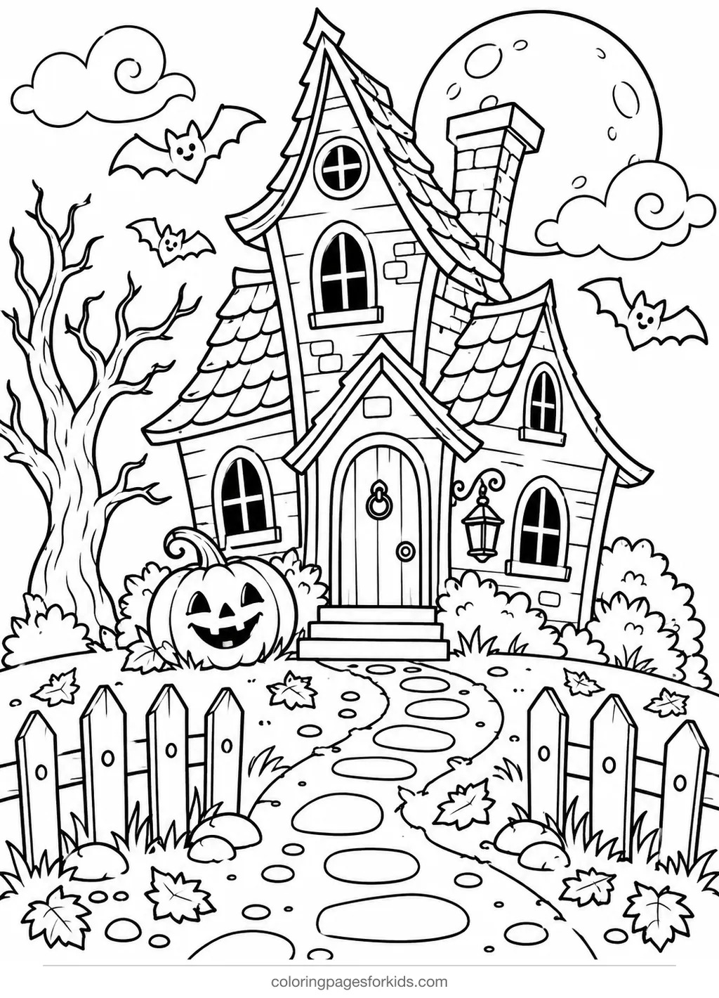 Halloween coloring page of a spooky-cute haunted house, detailed printable for ages 7-10
