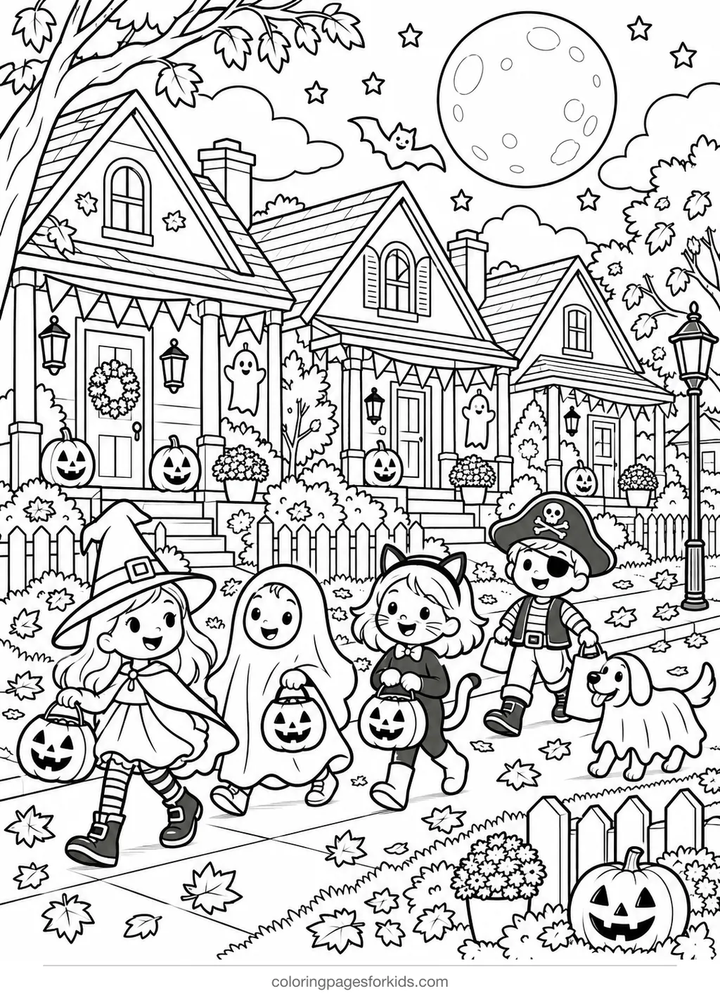 Halloween coloring page of a decorated night street, detailed printable for ages 7-10