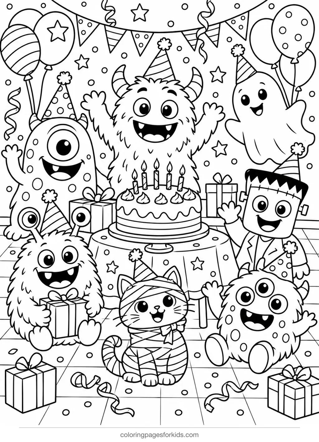 Halloween coloring page of friendly monsters at a party, detailed printable for ages 7-10