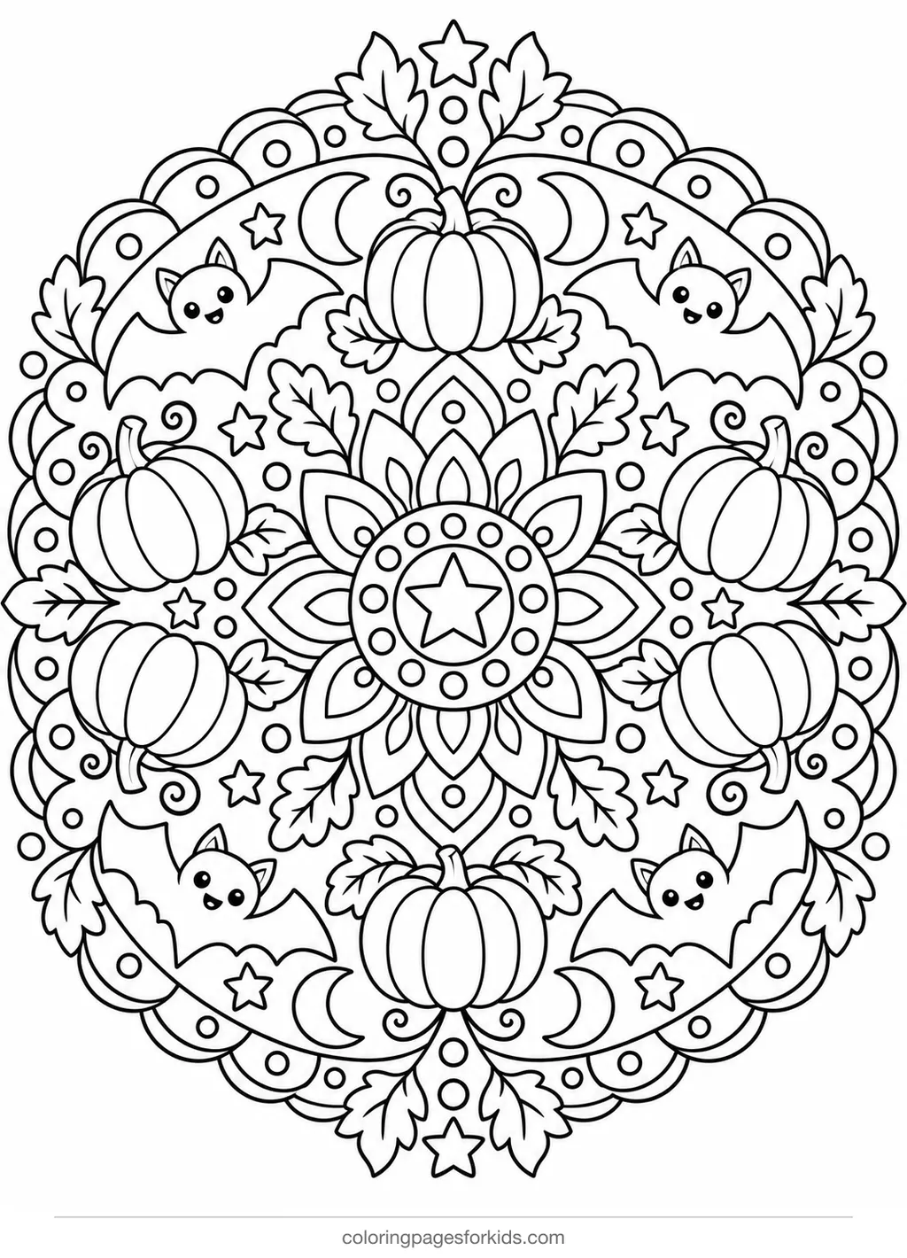 Halloween coloring page of a pumpkin bat mandala, detailed black-and-white printable for ages 7-10