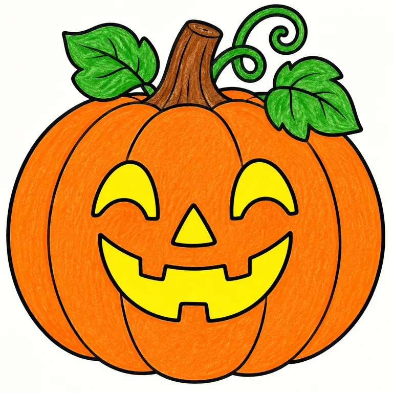 Colored example of a smiling jack-o'-lantern Halloween coloring page for kids