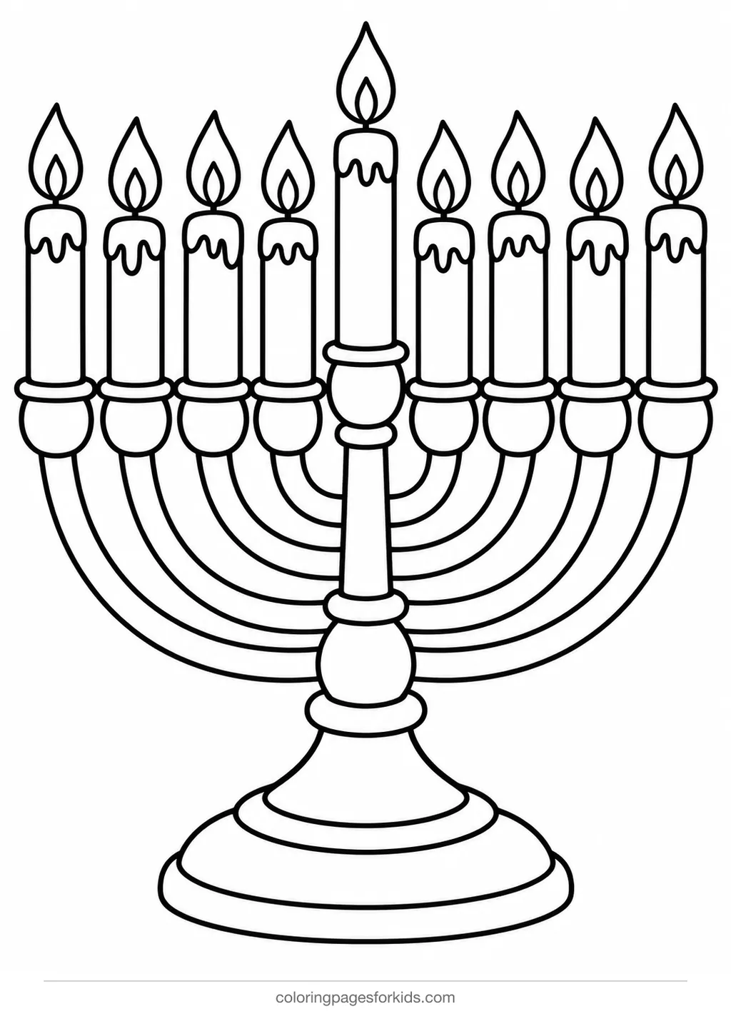 Hanukkah coloring page of a big menorah with nine candles, easy black-and-white printable for ages 3-5