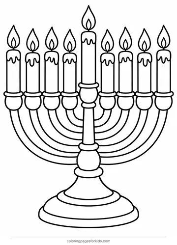 Hanukkah coloring page of a big menorah with nine candles, easy black-and-white printable for ages 3-5