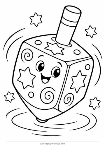 Hanukkah coloring page of a spinning dreidel with stars, easy black-and-white printable for ages 3-5
