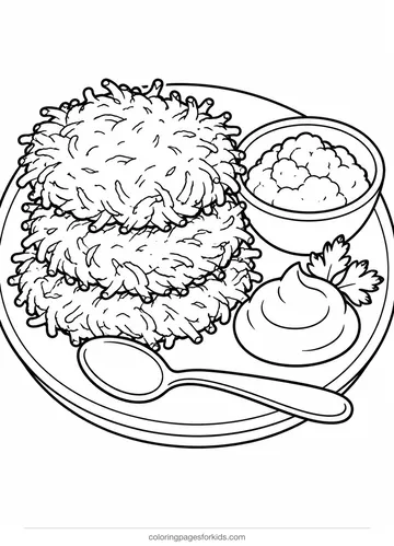 Hanukkah coloring page of latkes on a plate, easy black-and-white printable for ages 3-5