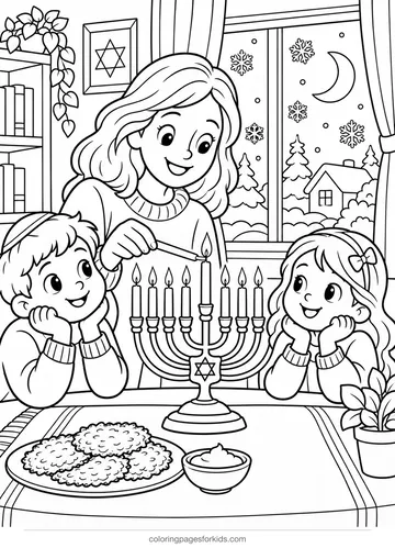 Hanukkah coloring page of a family lighting a menorah, medium black-and-white printable for ages 5-7