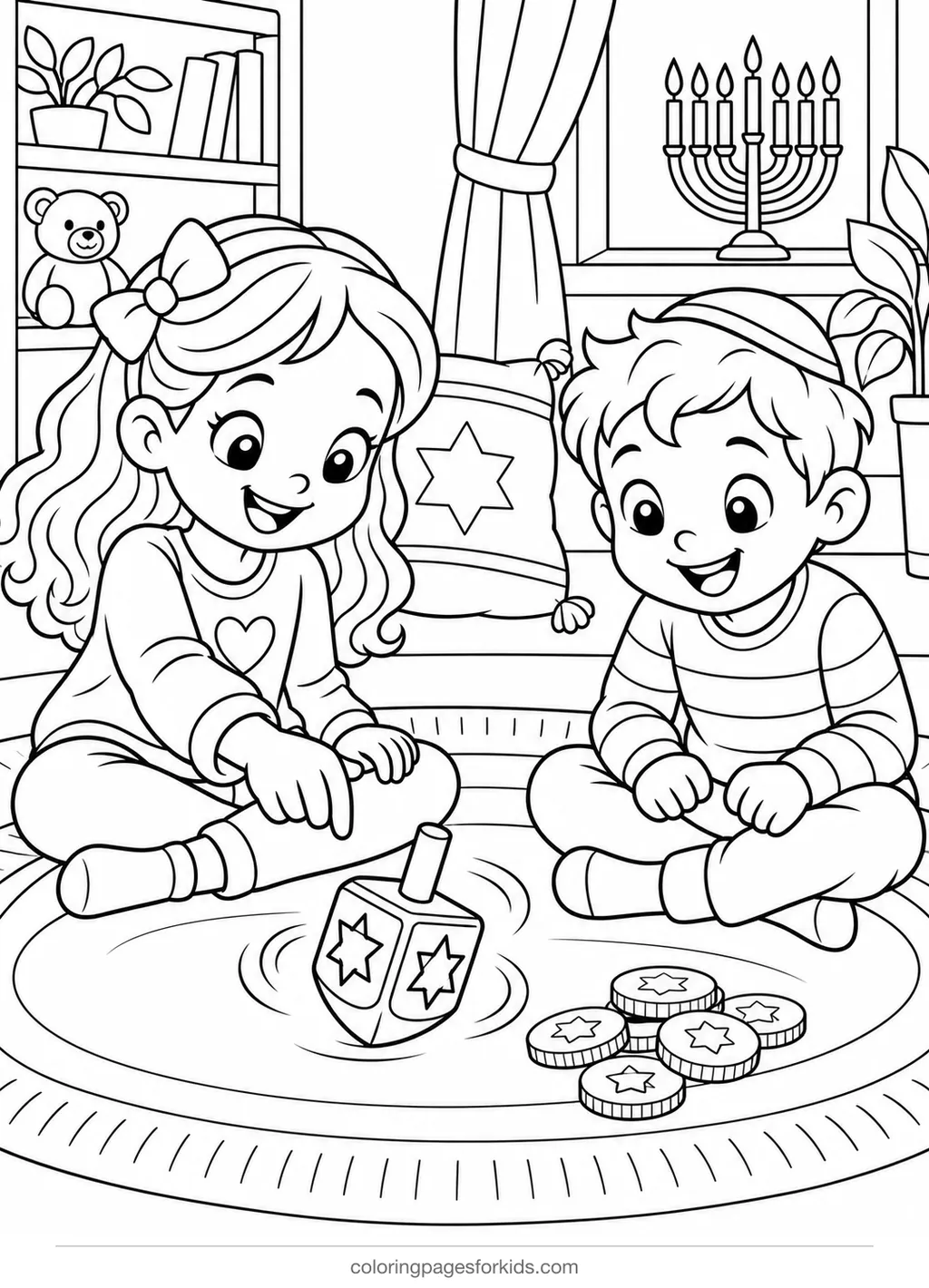 Hanukkah coloring page of kids playing dreidel with gelt, medium printable for ages 5-7