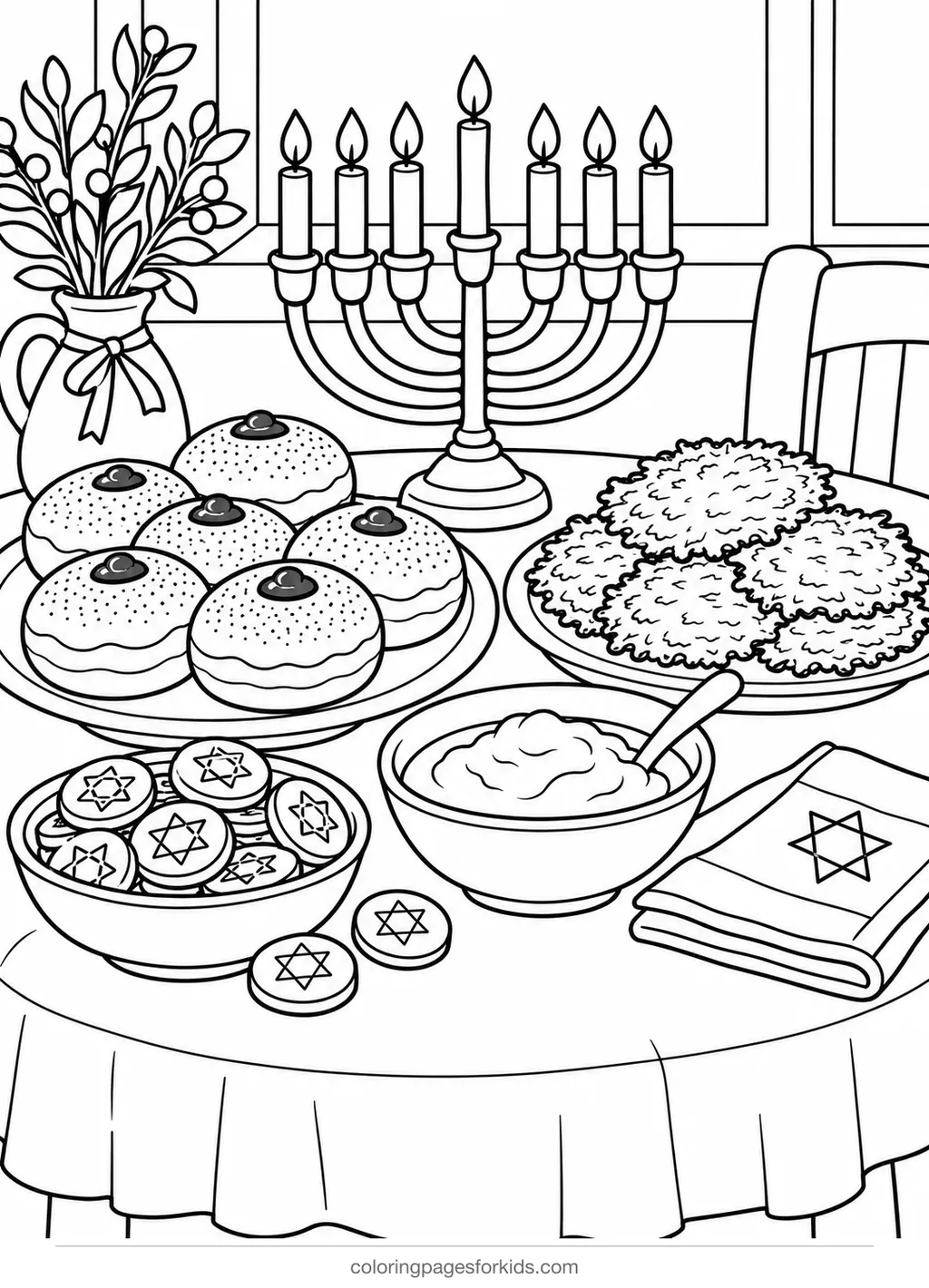 Hanukkah coloring page of treats on a table, medium black-and-white printable for ages 5-7