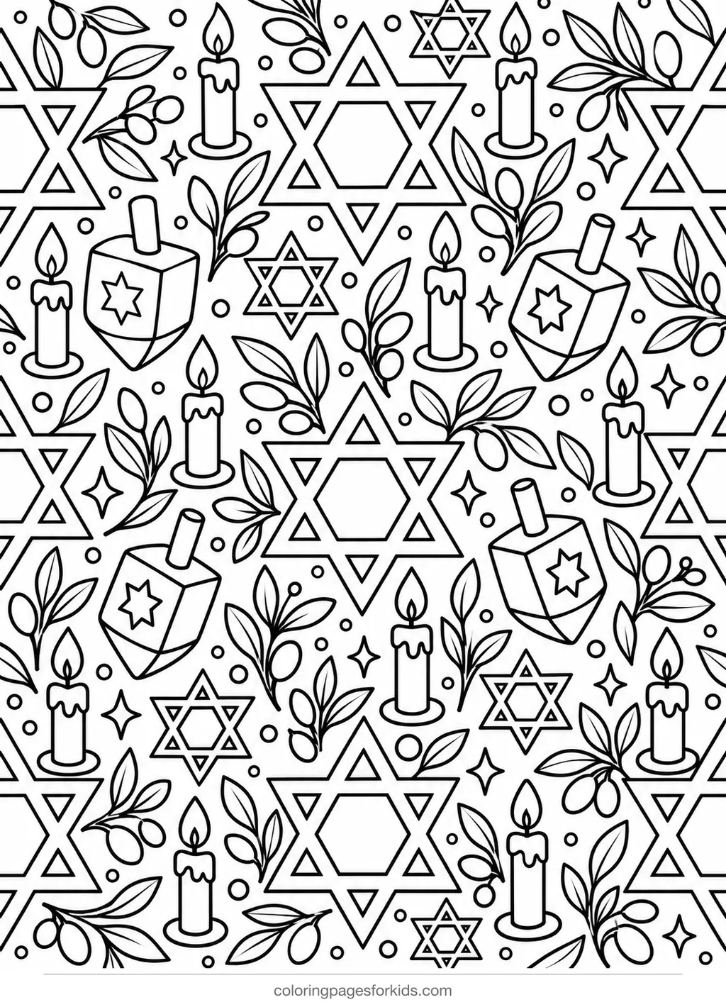 Hanukkah coloring page with Star of David pattern, detailed black-and-white printable for ages 7-10