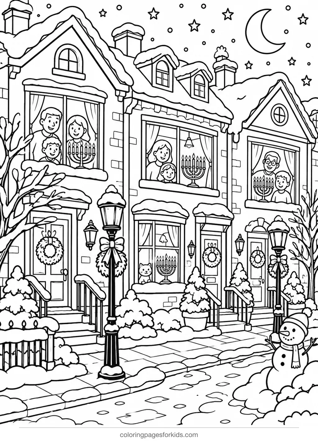 Hanukkah coloring page of neighborhood windows with menorahs, detailed printable for ages 7-10