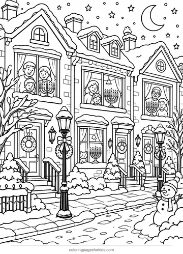 Hanukkah coloring page of neighborhood windows with menorahs, detailed printable for ages 7-10
