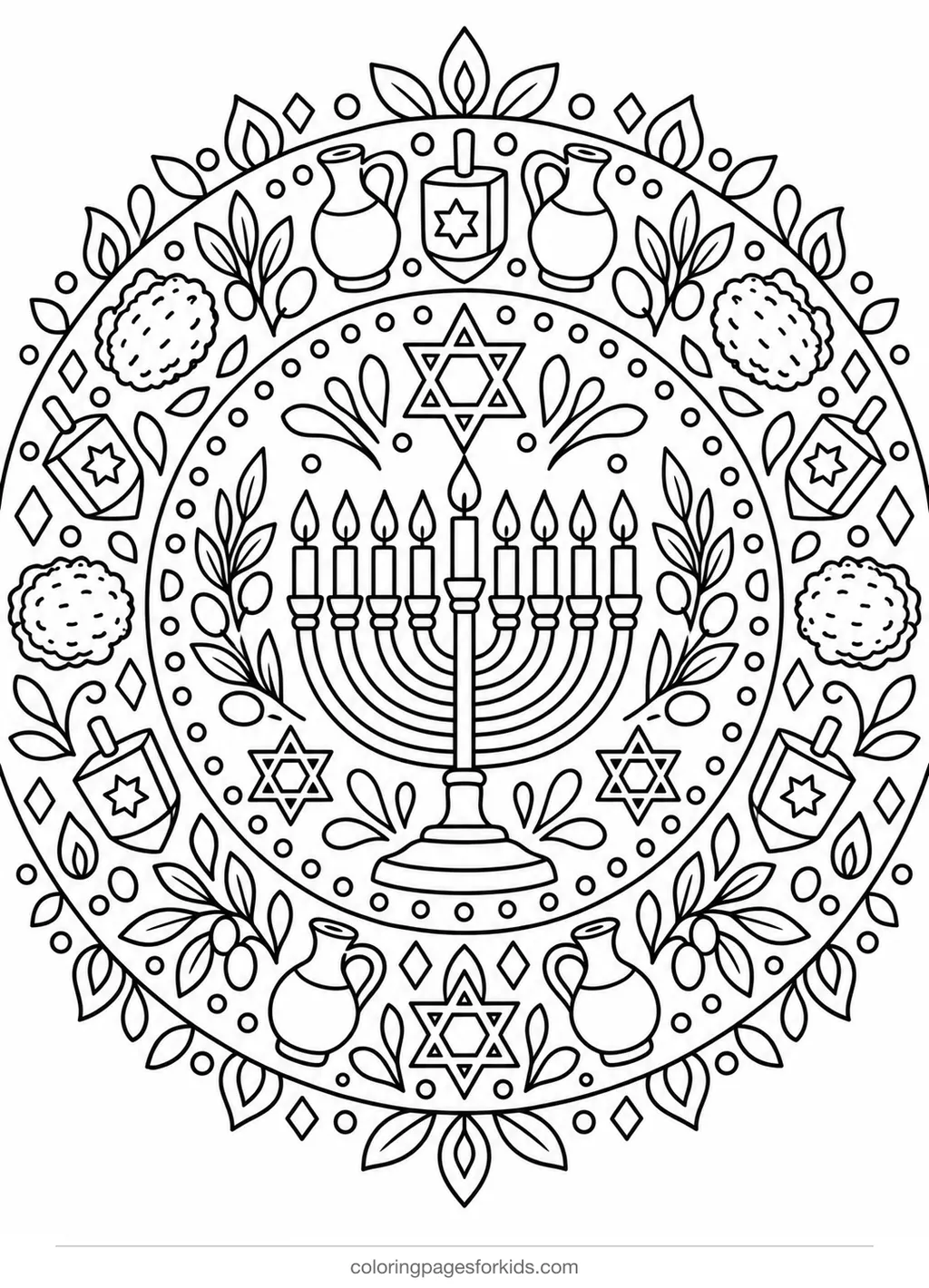 Hanukkah mandala coloring page with menorah and dreidels, detailed printable for ages 7-10