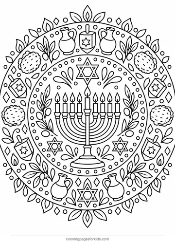 Hanukkah mandala coloring page with menorah and dreidels, detailed printable for ages 7-10