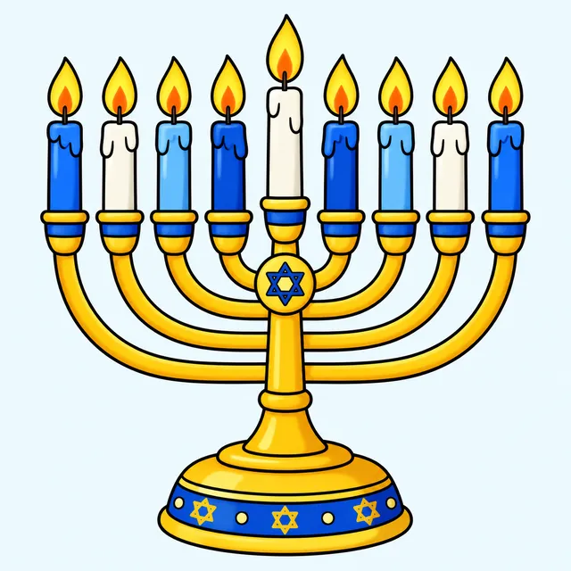 Colored example of a cute Hanukkah menorah with nine candles and bold outlines