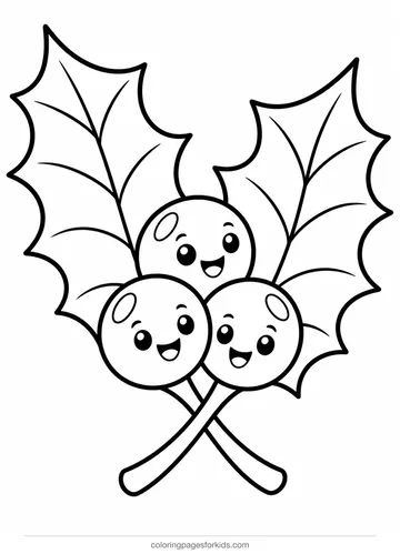 Holly coloring page of crossed leaves and three berries, easy black-and-white printable for ages 3-5