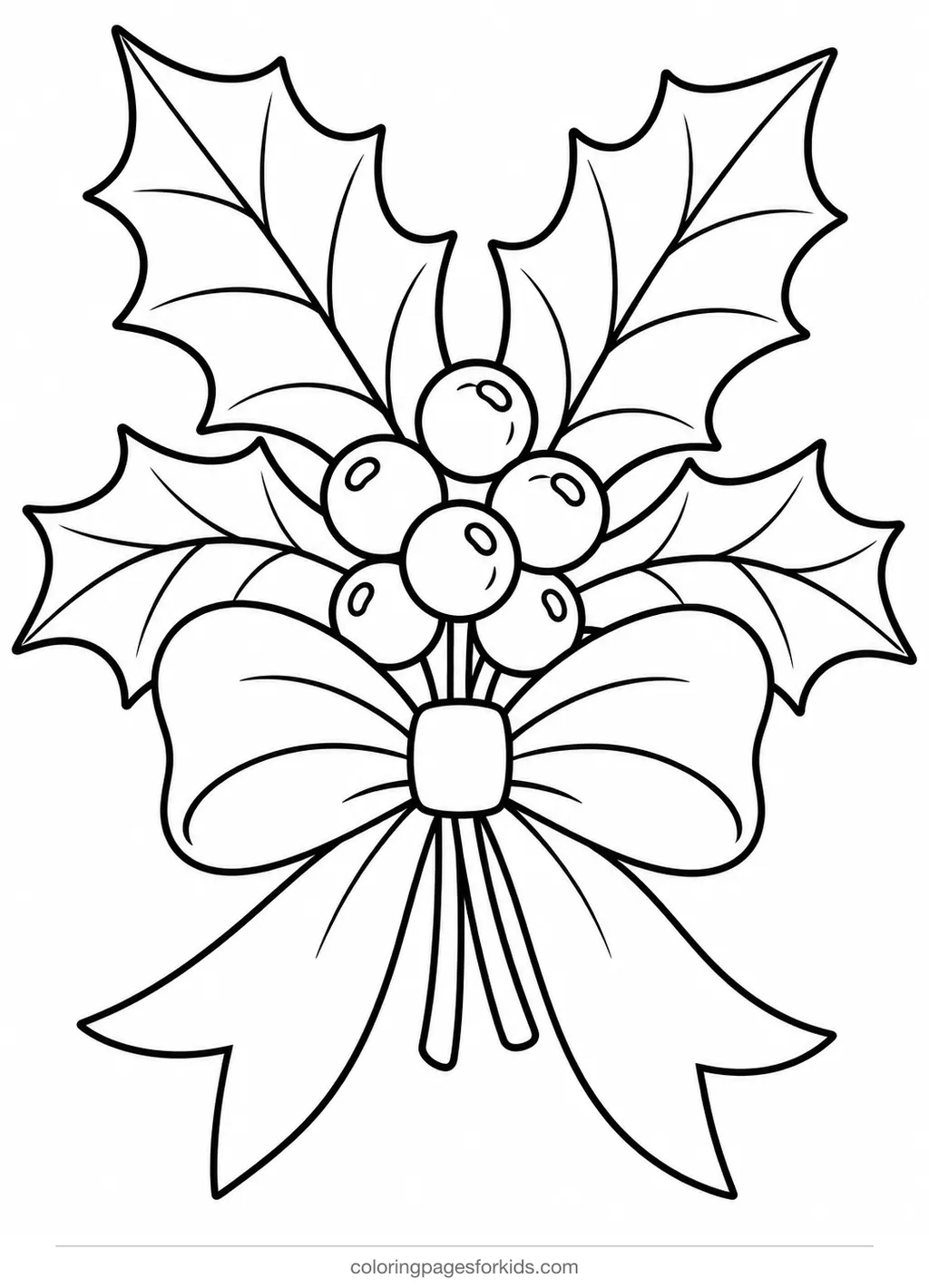 Holly coloring page of a sprig with bow and berries, easy black-and-white printable for ages 3-5