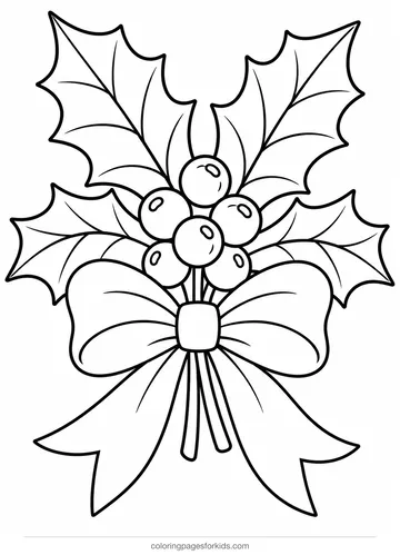 Holly coloring page of a sprig with bow and berries, easy black-and-white printable for ages 3-5