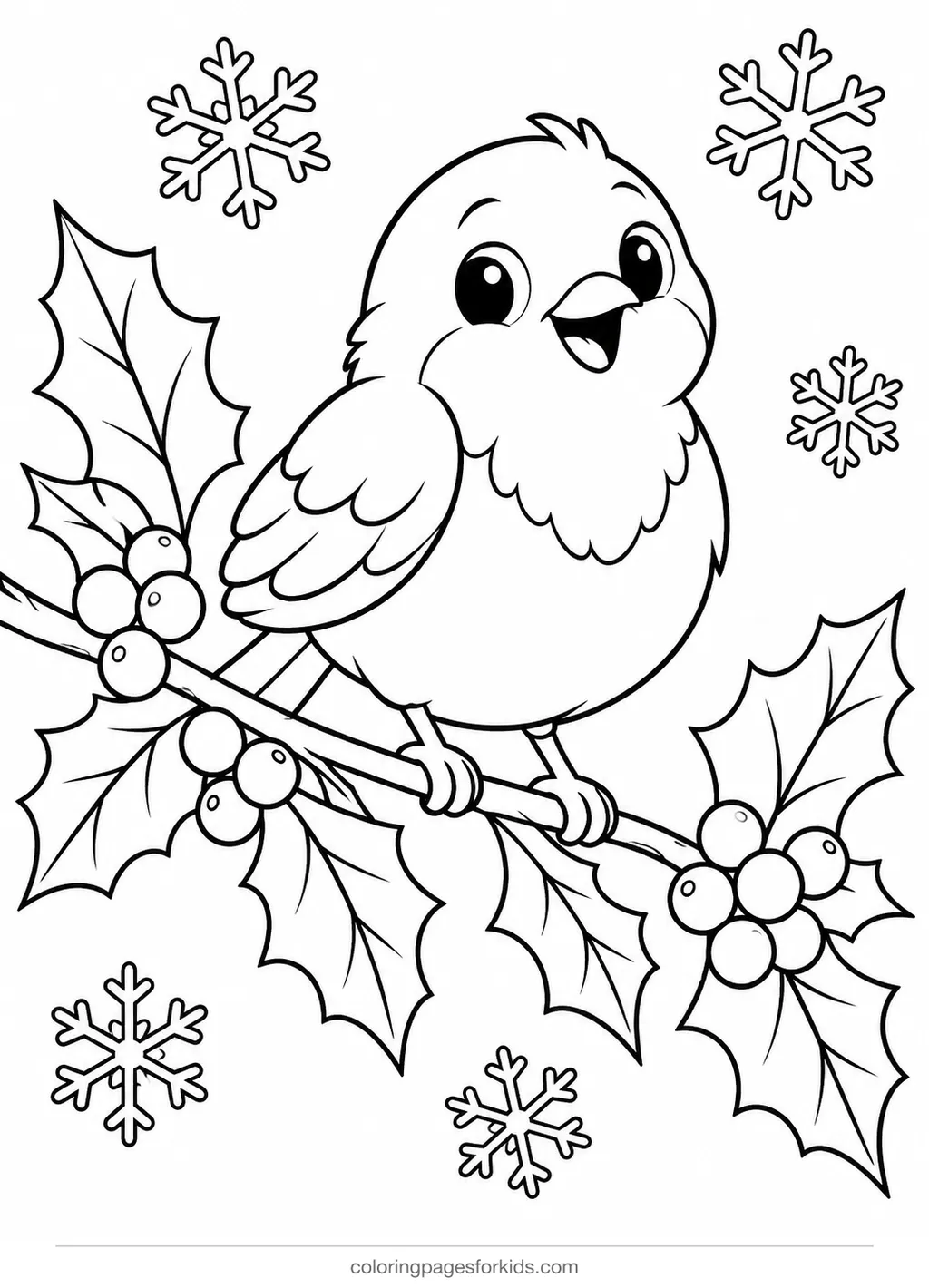Holly coloring page of a robin on a berry branch, medium black-and-white printable for ages 5-7
