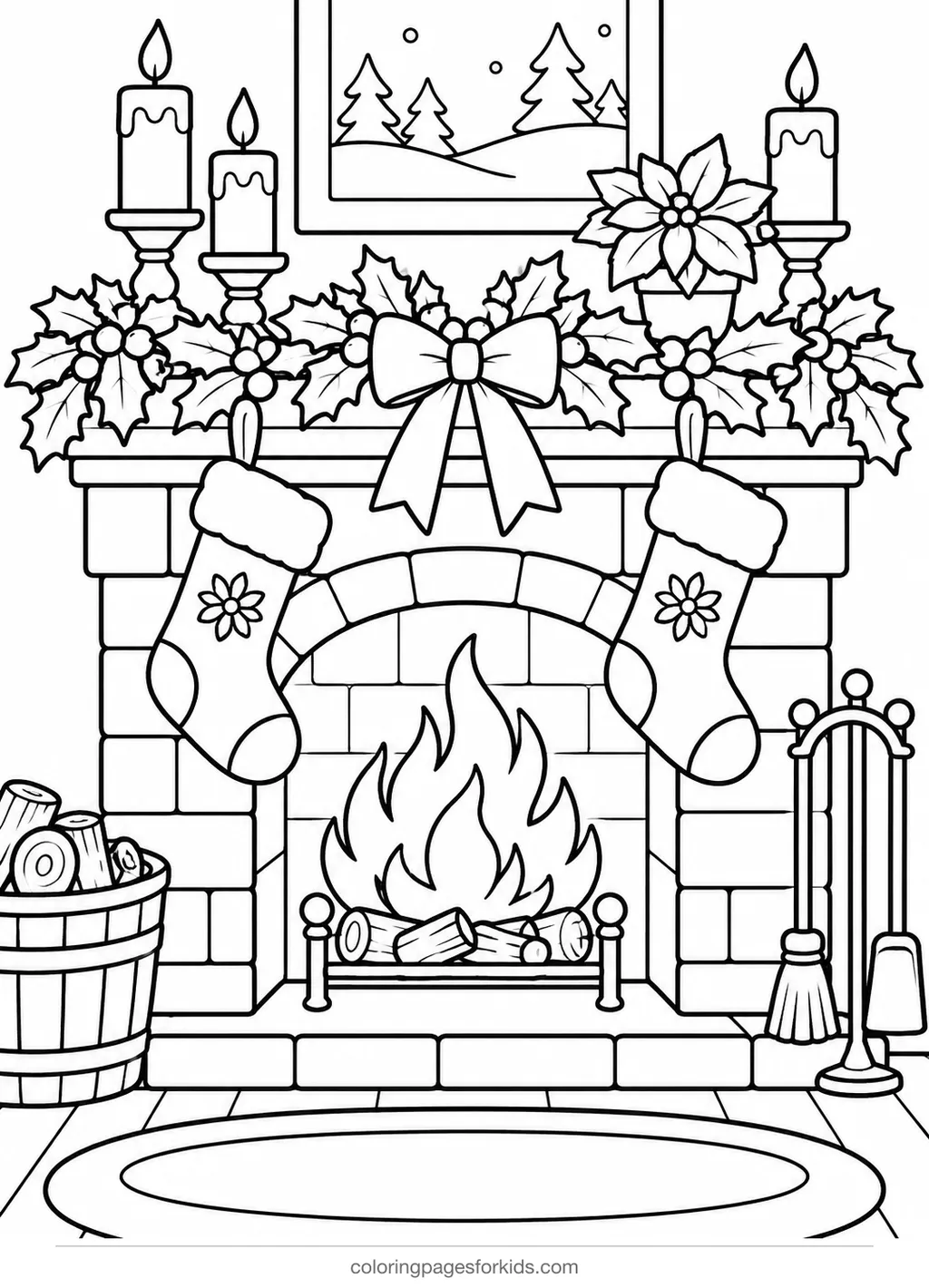 Holly coloring page of a fireplace garland with stockings, medium printable for ages 5-7