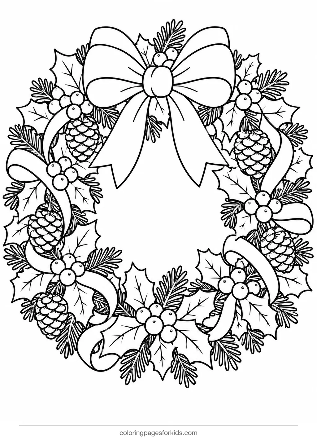 Holly coloring page of a detailed wreath with berries and bow, printable for ages 7-10