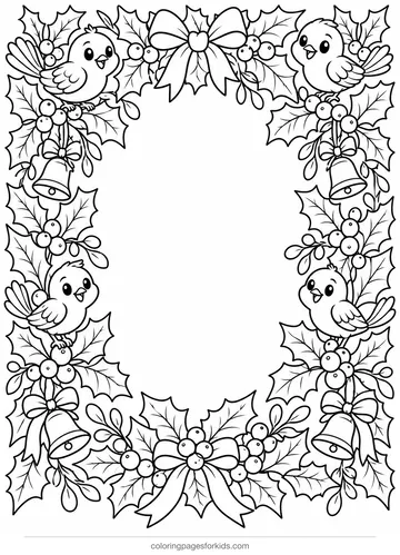 Holly coloring page of a detailed border frame with birds and bells, printable for ages 7-10