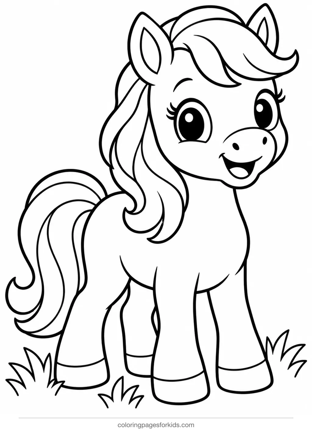 Horse coloring page of a small pony standing in grass, easy black-and-white printable for ages 3-5