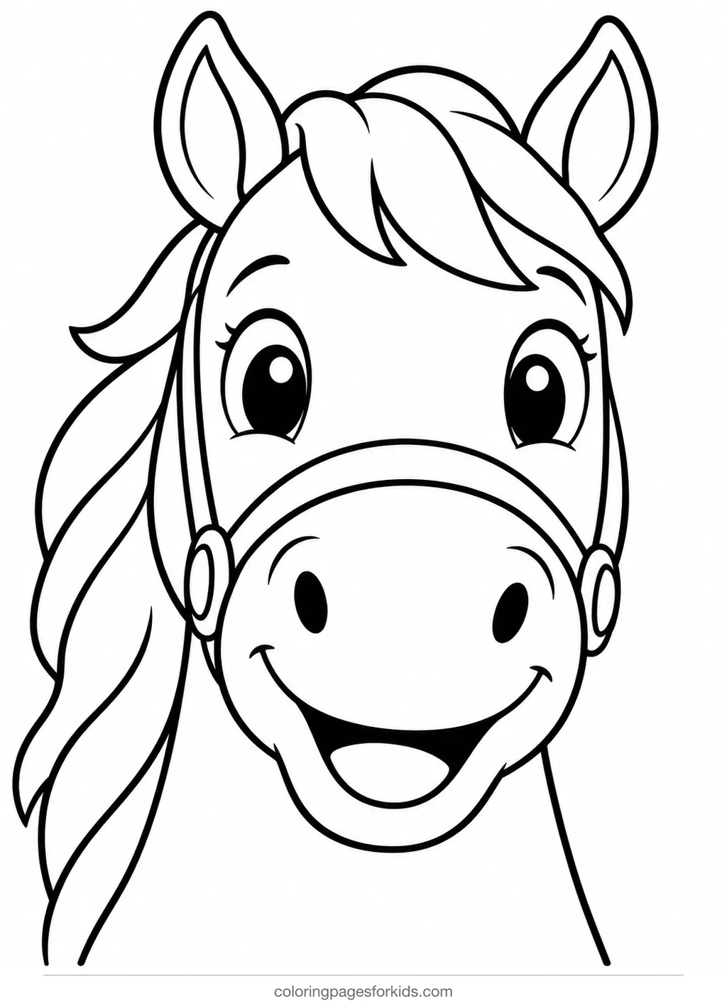 Horse coloring page of a friendly horse head with a bridle, easy printable for ages 3-5