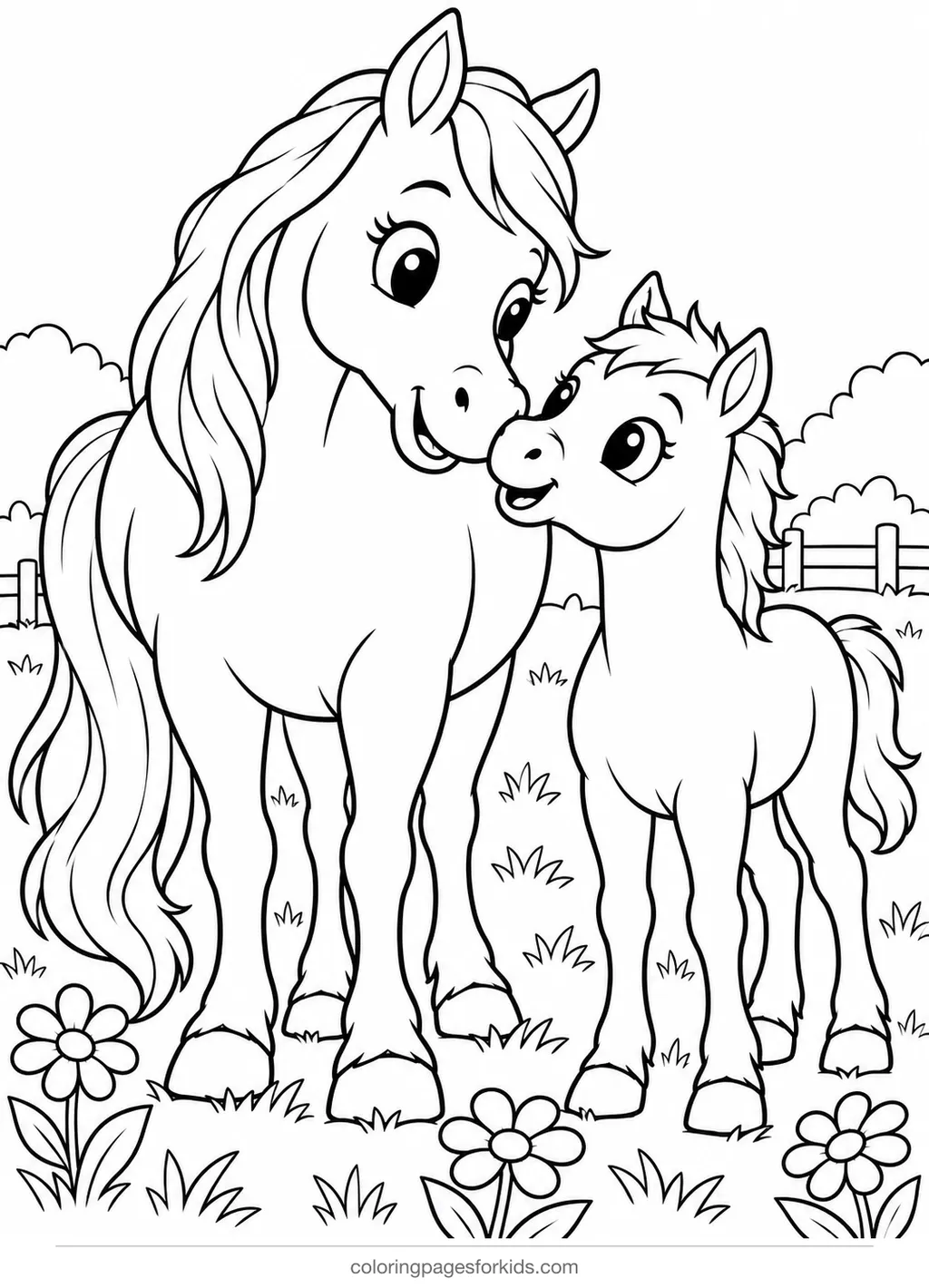 Horse coloring page of a mare and foal together in a field, easy printable for ages 3-5