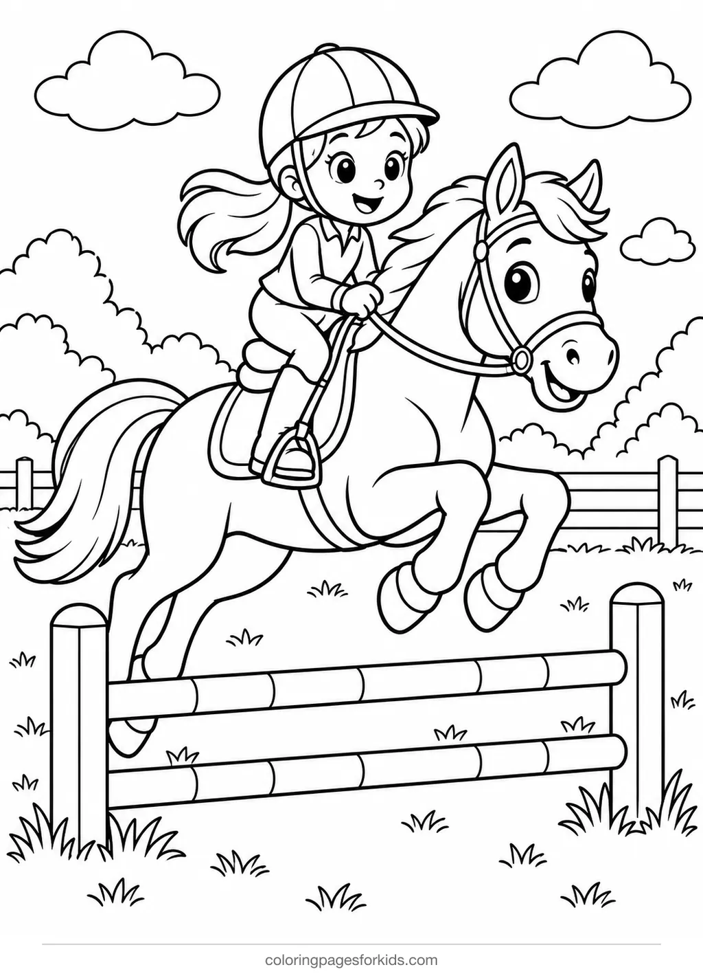 Horse coloring page of a horse and helmeted rider jumping a low fence, medium printable for ages 5-7