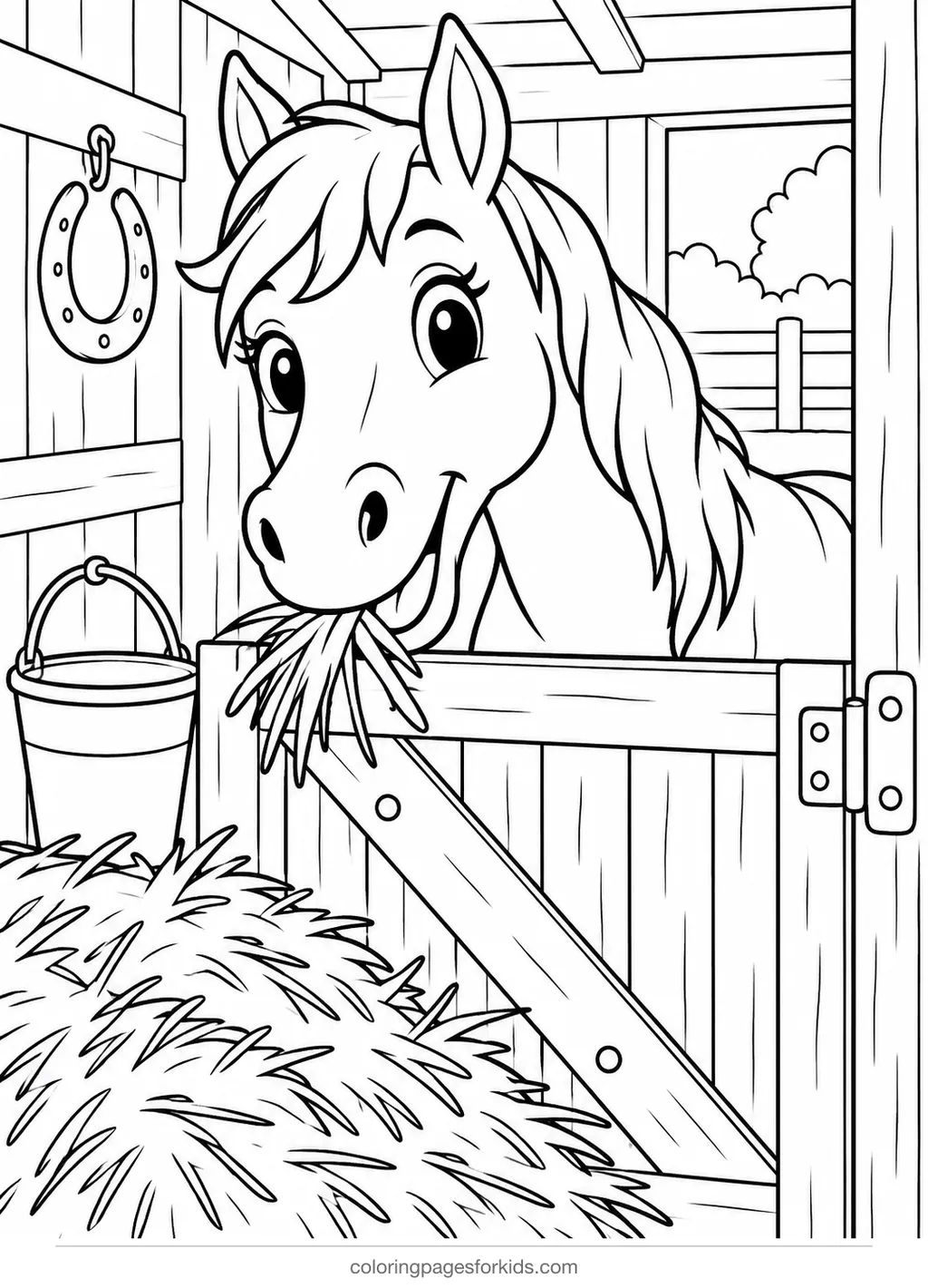 Horse coloring page of a horse eating hay in a stable stall, medium printable for ages 5-7