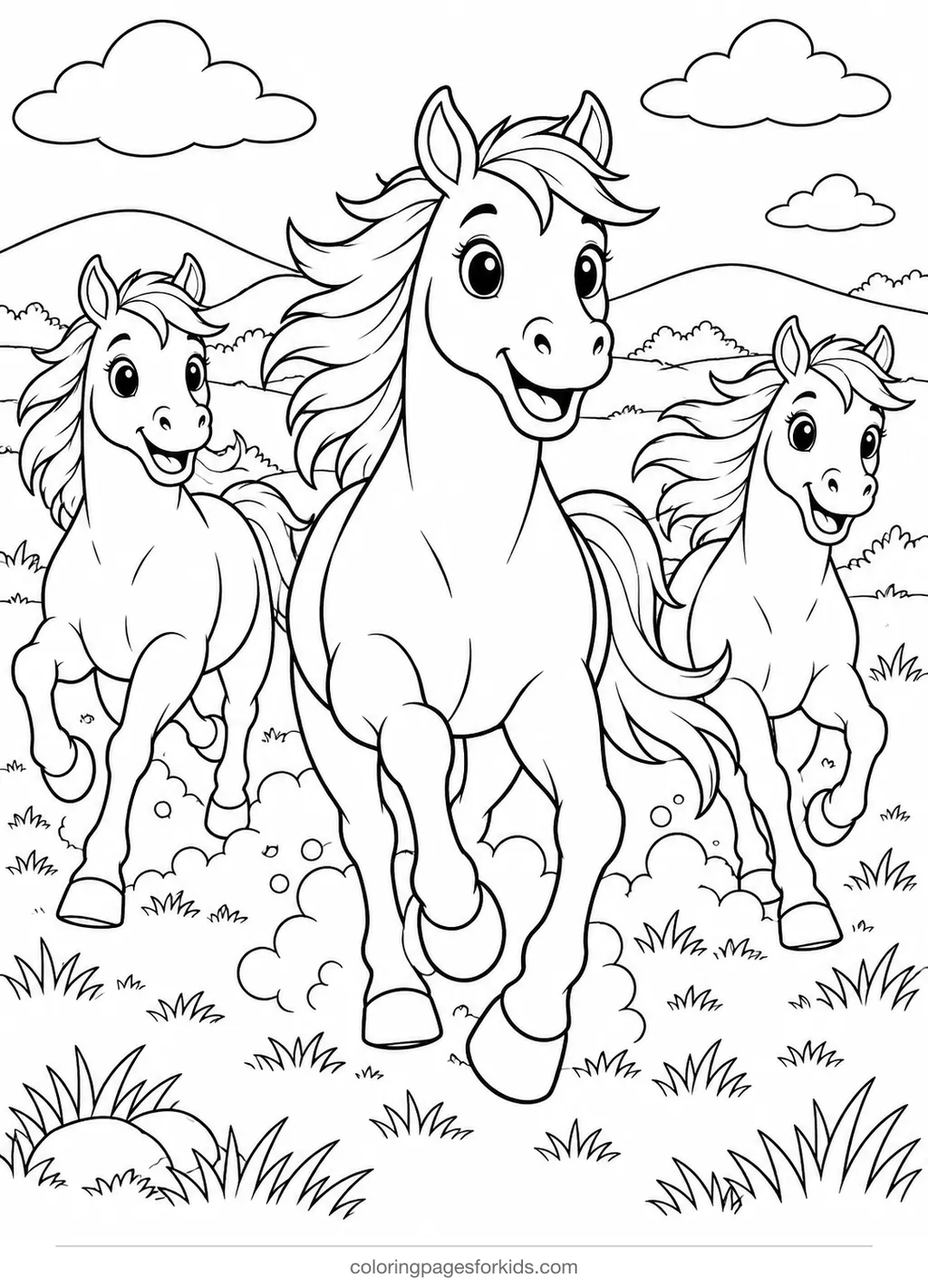 Horse coloring page of three wild horses running across a plain, medium printable for ages 5-7