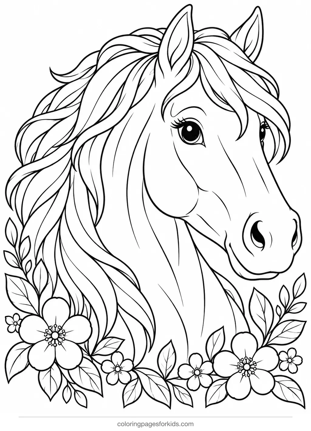 Horse coloring page of a detailed horse head with flowing mane, detailed printable for ages 7-10
