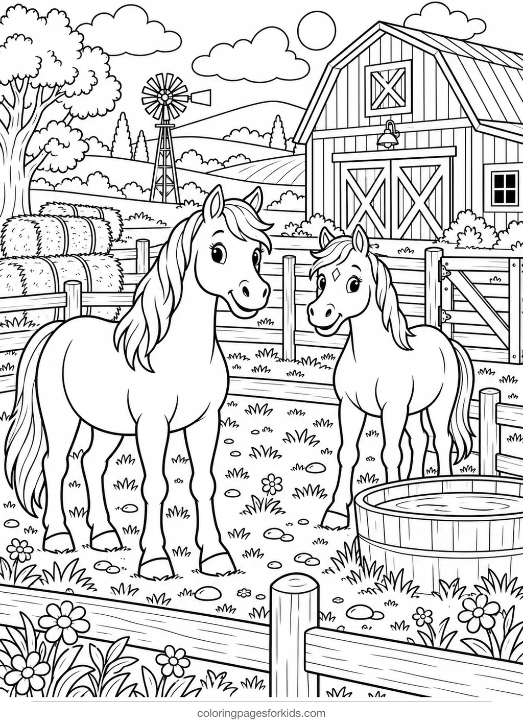 Horse coloring page of a ranch with barn, corral and horses, detailed printable for ages 7-10